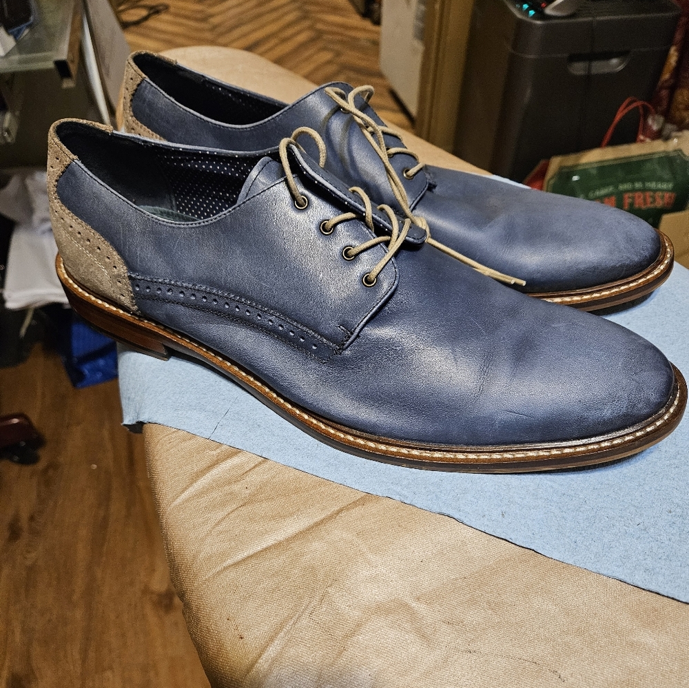 Aston Grey blue leather with tan suede shoes.